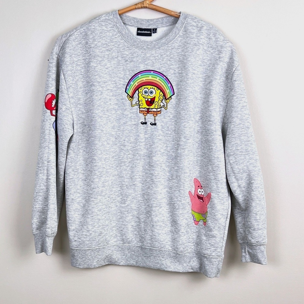 Nickelodeon Spongebob Sweatshirt Mens Large Rainbow Patrick Mr Krabs Gray Fleece